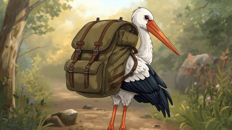 Grafika przedstawiajaca bociana z plecakiem turystycznym